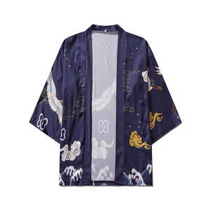 Japanese-themed Crane Cloudy Waves Unisex Purple/White Kimono-Kawaii Dream