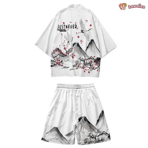 Japanese-themed Crane Mountains Two-Piece Kimono Top & Shorts Sets-Kawaii Dream