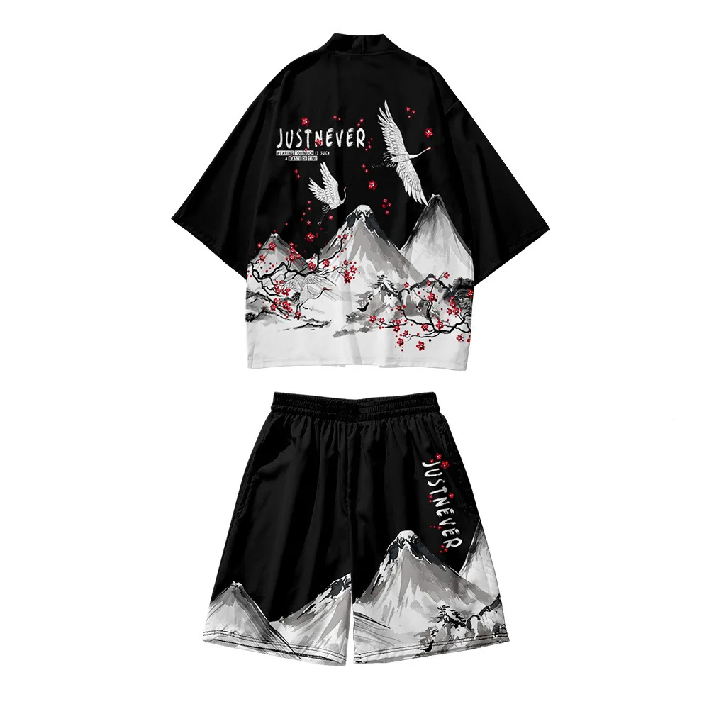 Japanese-themed Crane Mountains Two-Piece Kimono Top & Shorts Sets-Kawaii Dream