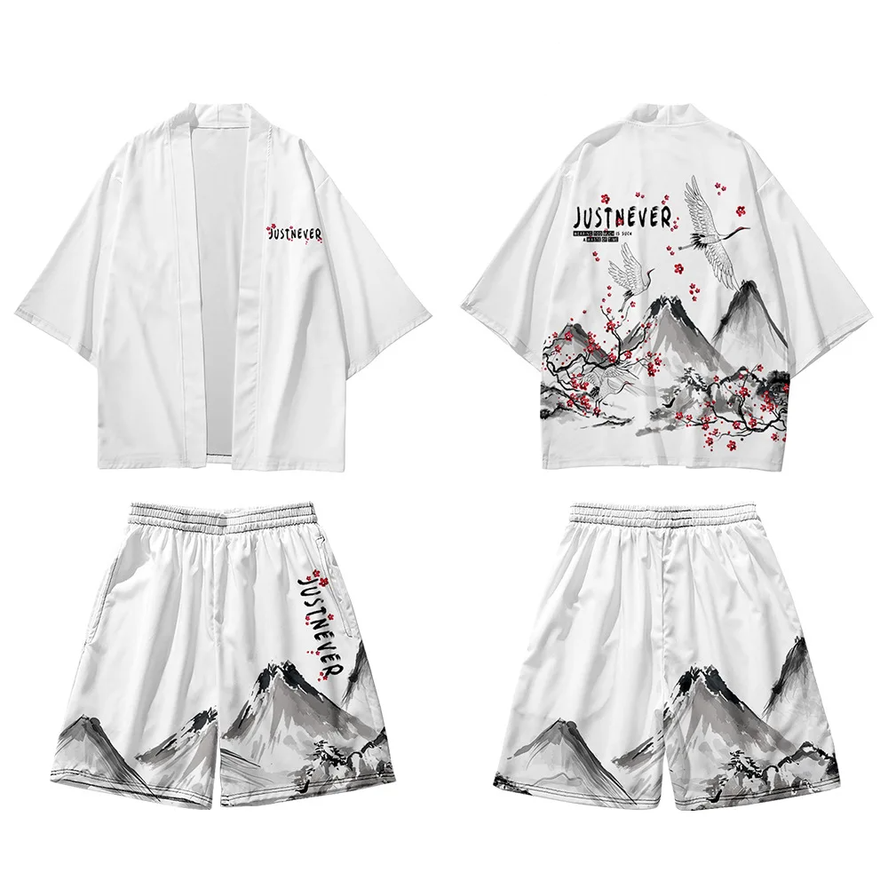 Japanese-themed Crane Mountains Two-Piece Kimono Top & Shorts Sets-Kawaii Dream