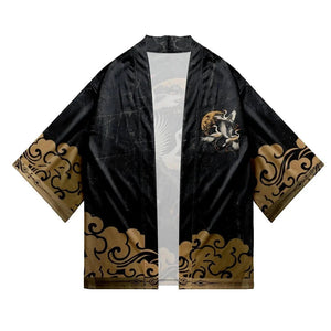 Japanese-themed Crane Print Black Gold Unisex Kimono-Kawaii Dream