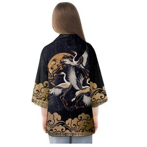 Japanese-themed Crane Print Black Gold Unisex Kimono-Kawaii Dream