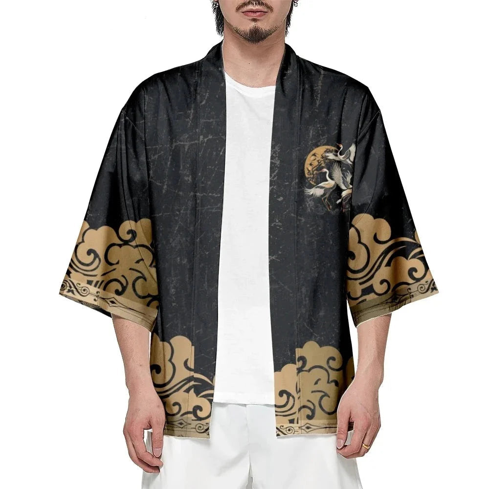 Japanese-themed Crane Print Black Gold Unisex Kimono-Kawaii Dream