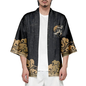 Japanese-themed Crane Print Black Gold Unisex Kimono-Kawaii Dream
