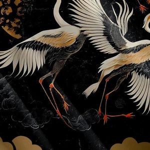 Japanese-themed Crane Print Black Gold Unisex Kimono-Kawaii Dream