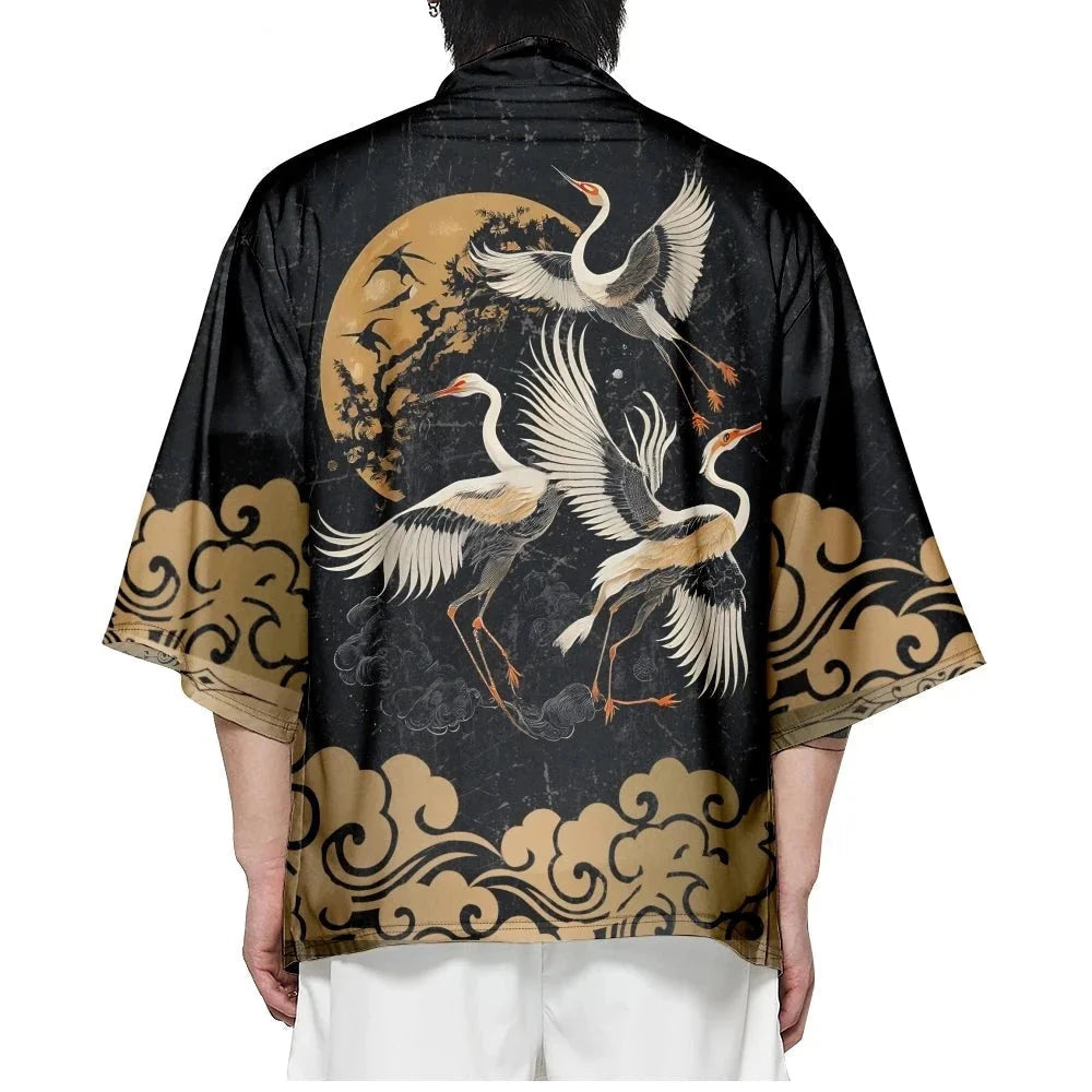 Japanese-themed Crane Print Black Gold Unisex Kimono-Kawaii Dream
