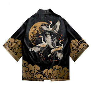 Japanese-themed Crane Print Black Gold Unisex Kimono-Kawaii Dream