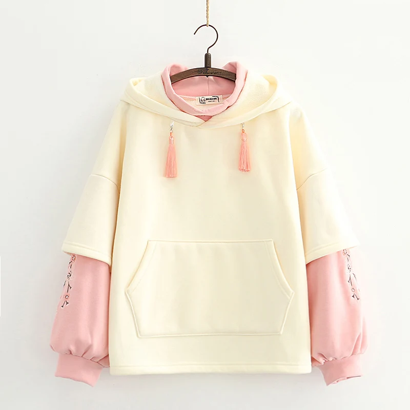 Japanese-themed Cream Pink Sakura Two-Tone Hoodie-Kawaii Dream