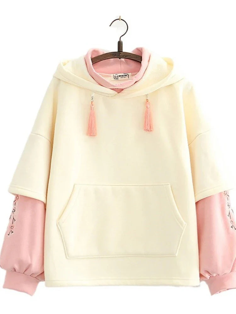 Japanese-themed Cream Pink Sakura Two-Tone Hoodie-Kawaii Dream