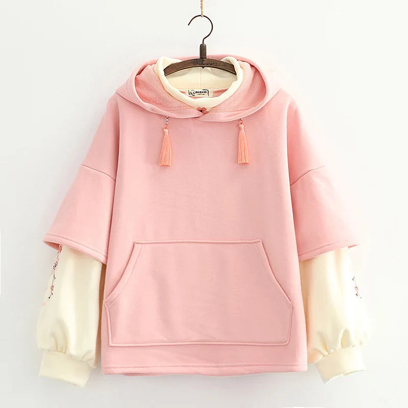 Japanese-themed Cream Pink Sakura Two-Tone Hoodie-Kawaii Dream