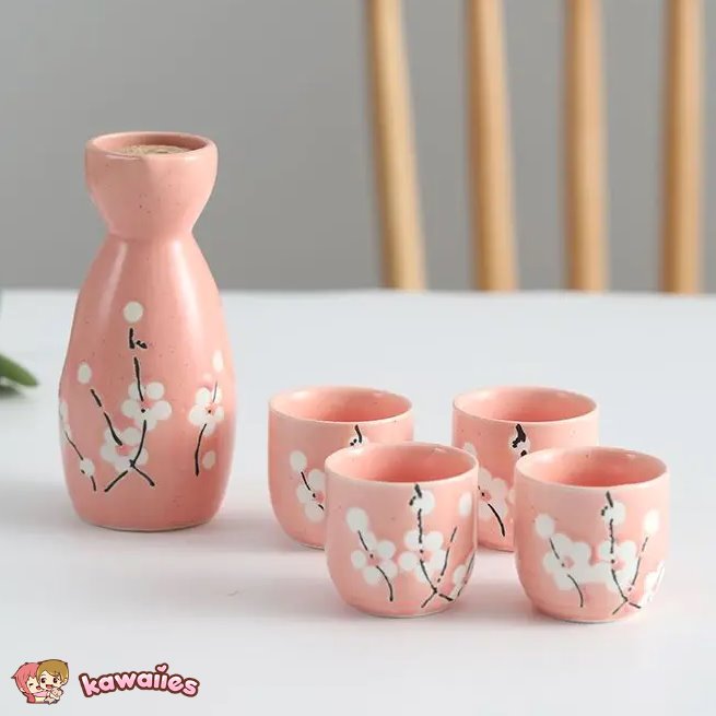 Japanese-themed Elegant Plum Blossom Sake Set 5-Piece Ceramics Sake Cup Collection 2-Kawaii Dream