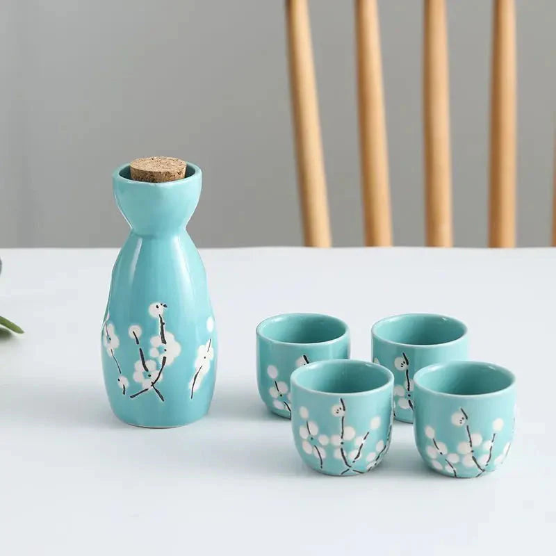 Japanese-themed Elegant Plum Blossom Sake Set 5-Piece Ceramics Sake Cup Collection 2-Kawaii Dream