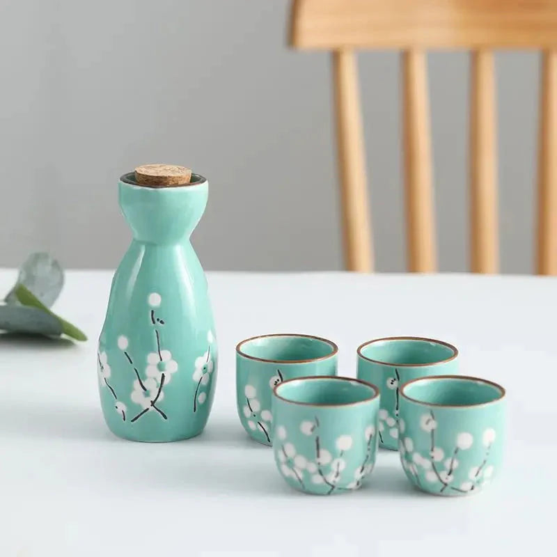 Japanese-themed Elegant Plum Blossom Sake Set 5-Piece Ceramics Sake Cup Collection 2-Kawaii Dream