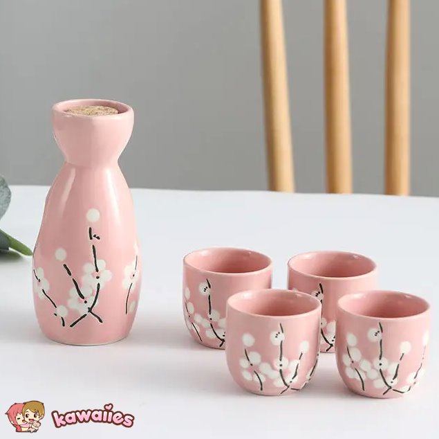 Japanese-themed Elegant Plum Blossom Sake Set 5-Piece Ceramics Sake Cup-Kawaii Dream