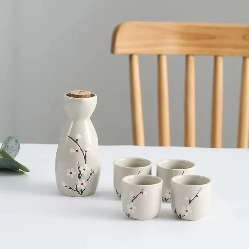 Japanese-themed Elegant Plum Blossom Sake Set 5-Piece Ceramics Sake Cup-Kawaii Dream