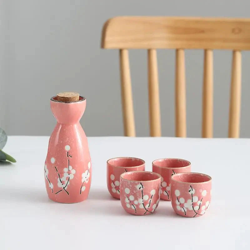 Japanese-themed Elegant Plum Blossom Sake Set 5-Piece Ceramics Sake Cup-Kawaii Dream