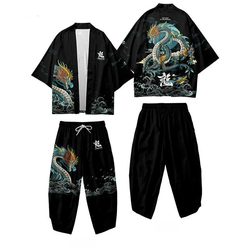Japanese-themed Emerald Dragon Two-Piece Kimono Yukata Top & Pants Sets-Kawaii Dream