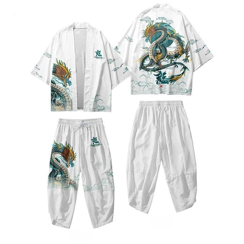 Japanese-themed Emerald Dragon Two-Piece Kimono Yukata Top & Pants Sets-Kawaii Dream