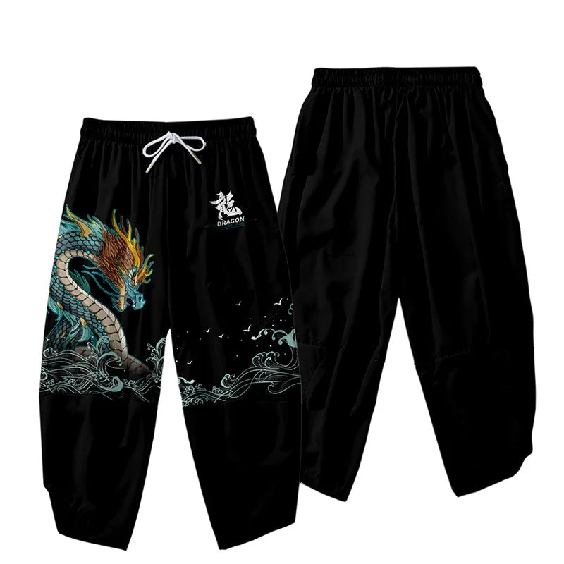 Japanese-themed Emerald Dragon Two-Piece Kimono Yukata Top & Pants Sets-Kawaii Dream