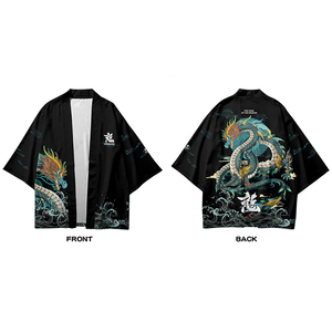 Japanese-themed Emerald Dragon Two-Piece Kimono Yukata Top & Pants Sets-Kawaii Dream