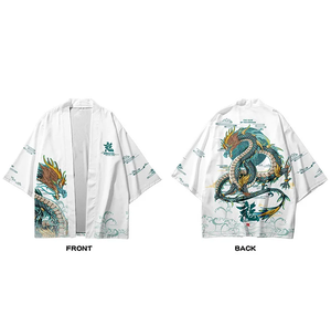 Japanese-themed Emerald Dragon Two-Piece Kimono Yukata Top & Pants Sets-Kawaii Dream