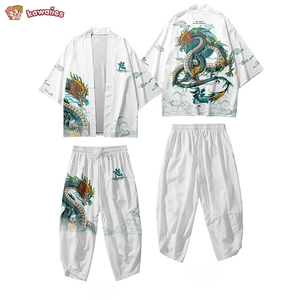 Japanese-themed Emerald Dragon Two-Piece Kimono Yukata Top & Pants Sets-Kawaii Dream