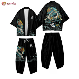 Japanese-themed Emerald Dragon Two-Piece Kimono Yukata Top & Pants Sets-Kawaii Dream