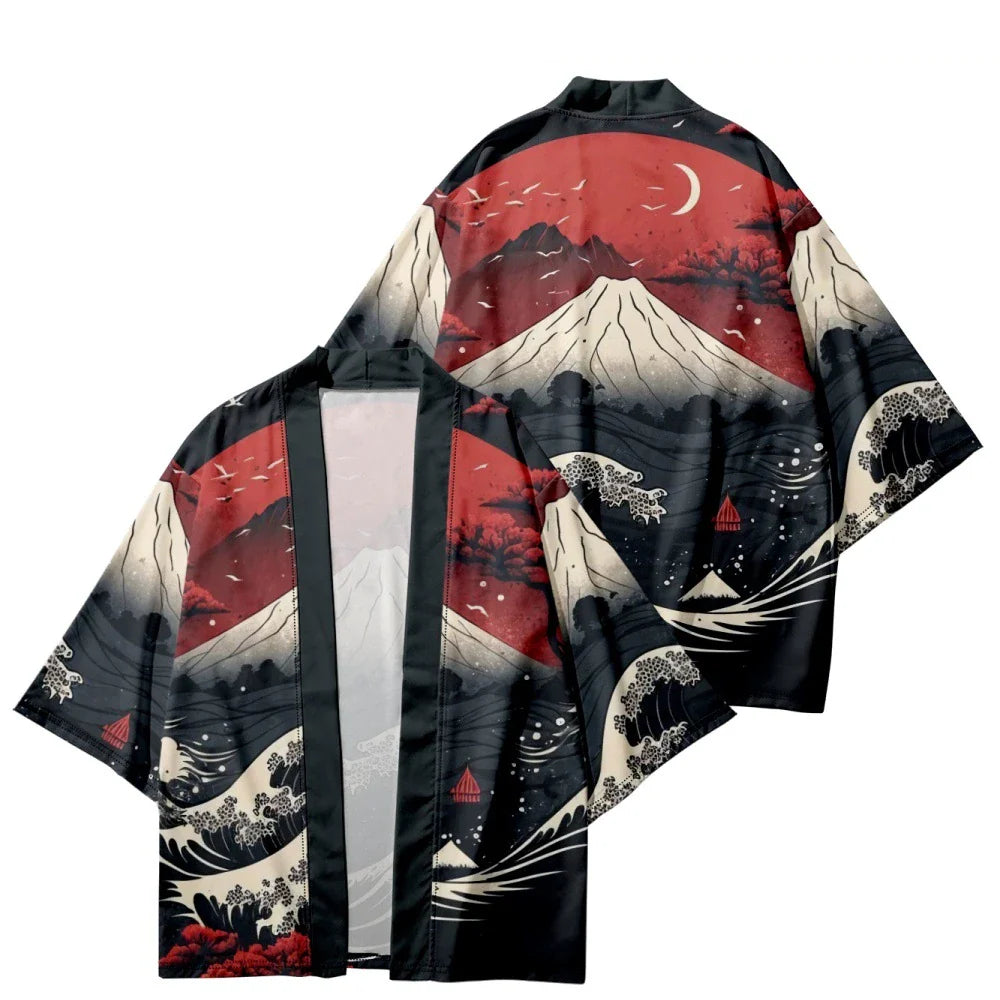 Japanese-themed Great Wave off Kanagawa Red Purple Unisex Kimono-Kawaii Dream