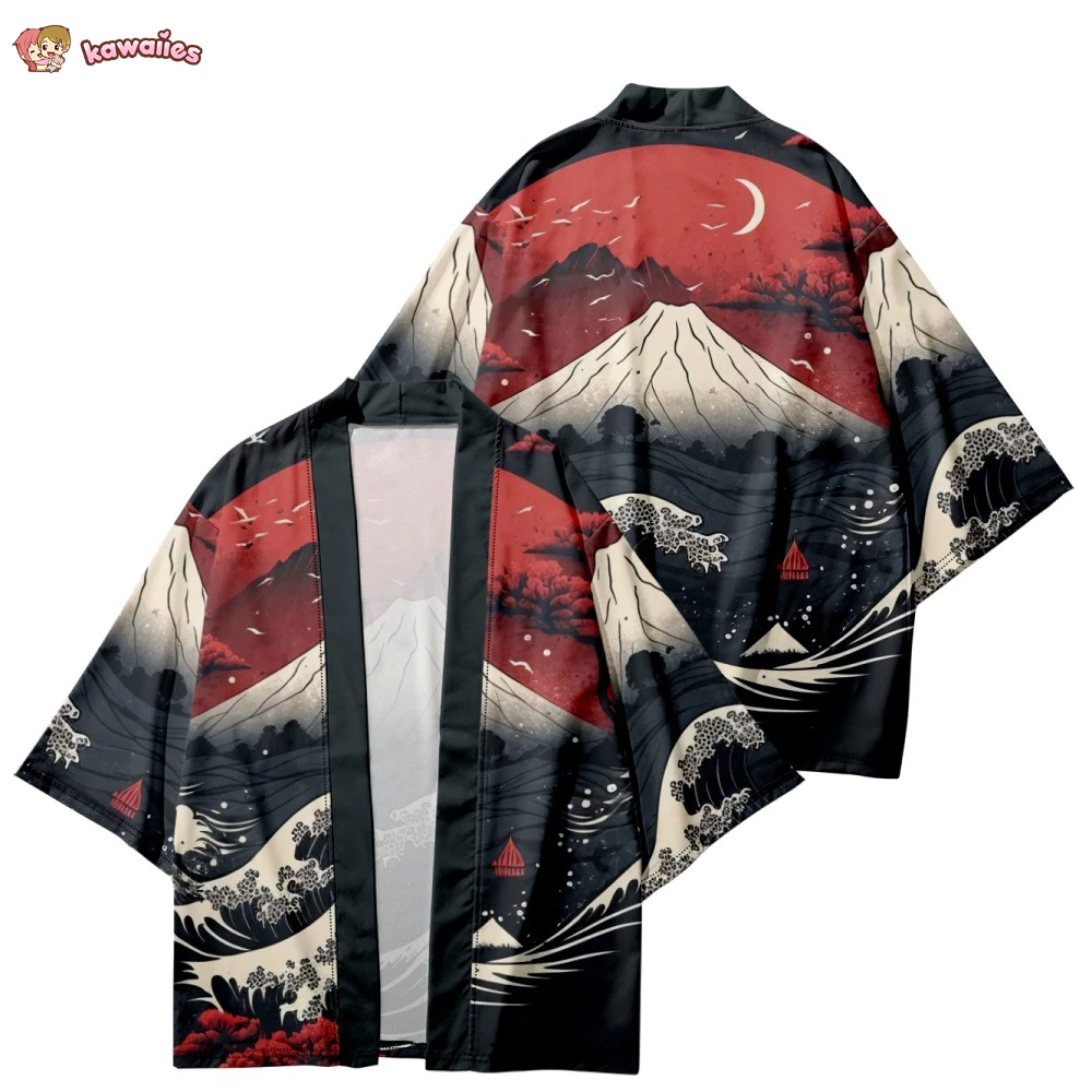 Japanese-themed Great Wave off Kanagawa Red Purple Unisex Kimono-Kawaii Dream
