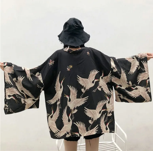 Japanese-themed Majestic Cranes Black Women's Kimono-Kawaii Dream