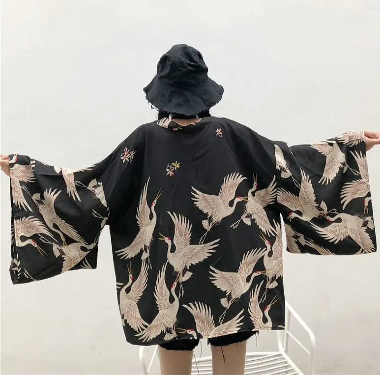 Japanese-themed Majestic Cranes Black Women's Kimono-Kawaii Dream