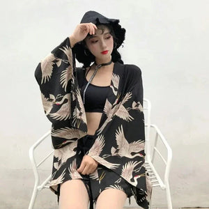 Japanese-themed Majestic Cranes Black Women's Kimono-Kawaii Dream