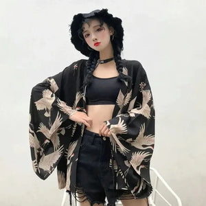 Japanese-themed Majestic Cranes Black Women's Kimono-Kawaii Dream