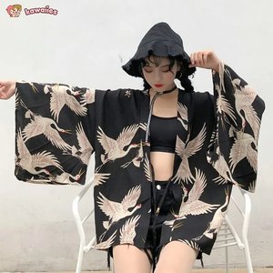 Japanese-themed Majestic Cranes Black Women's Kimono-Kawaii Dream