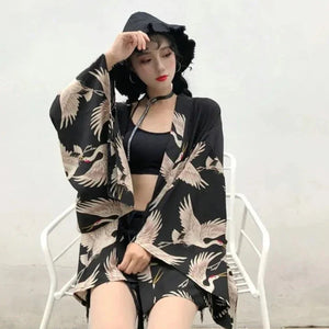 Japanese-themed Majestic Cranes Black Women's Kimono-Kawaii Dream