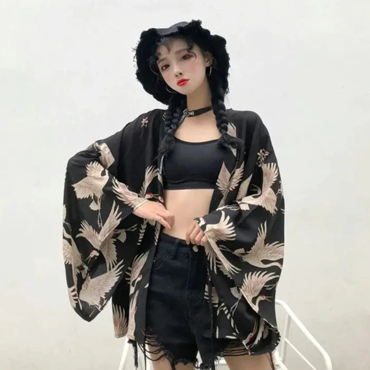 Japanese-themed Majestic Cranes Black Women's Kimono-Kawaii Dream