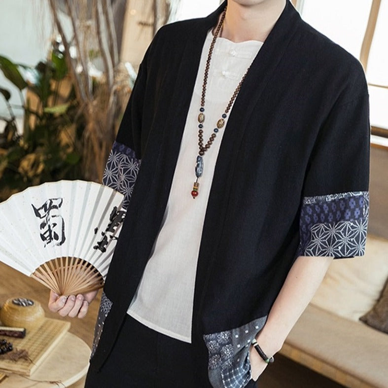 Japanese-themed Navy Pattern Black White Men's Haori Yukata Kimono Jacket-Kawaii Dream