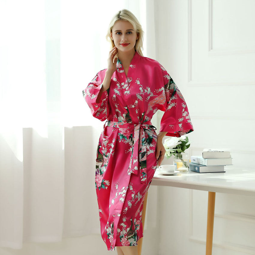 Japanese-themed Peacock Floral Women's Yukata Kimono Robe Cardigan with Belt-Kawaii Dream
