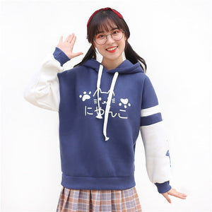 Japanese-themed Pink Blue Two-Tone Cat Hoodie-Kawaii Dream