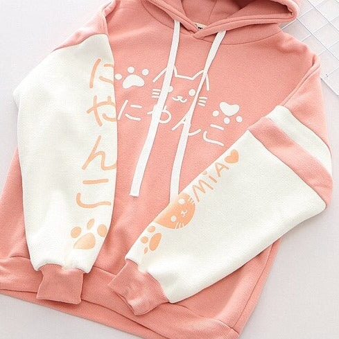 Japanese-themed Pink Blue Two-Tone Cat Hoodie-Kawaii Dream