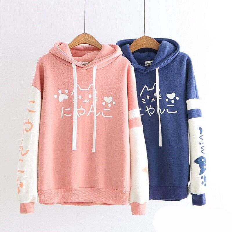 Japanese-themed Pink Blue Two-Tone Cat Hoodie-Kawaii Dream