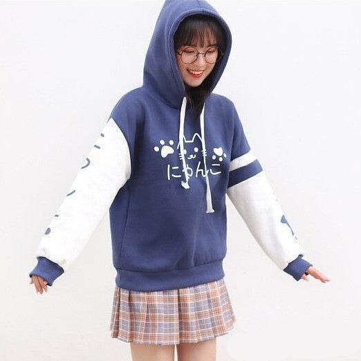 Japanese-themed Pink Blue Two-Tone Cat Hoodie-Kawaii Dream
