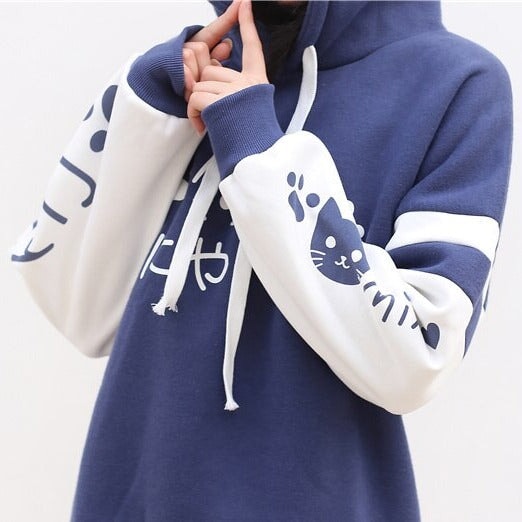 Japanese-themed Pink Blue Two-Tone Cat Hoodie-Kawaii Dream