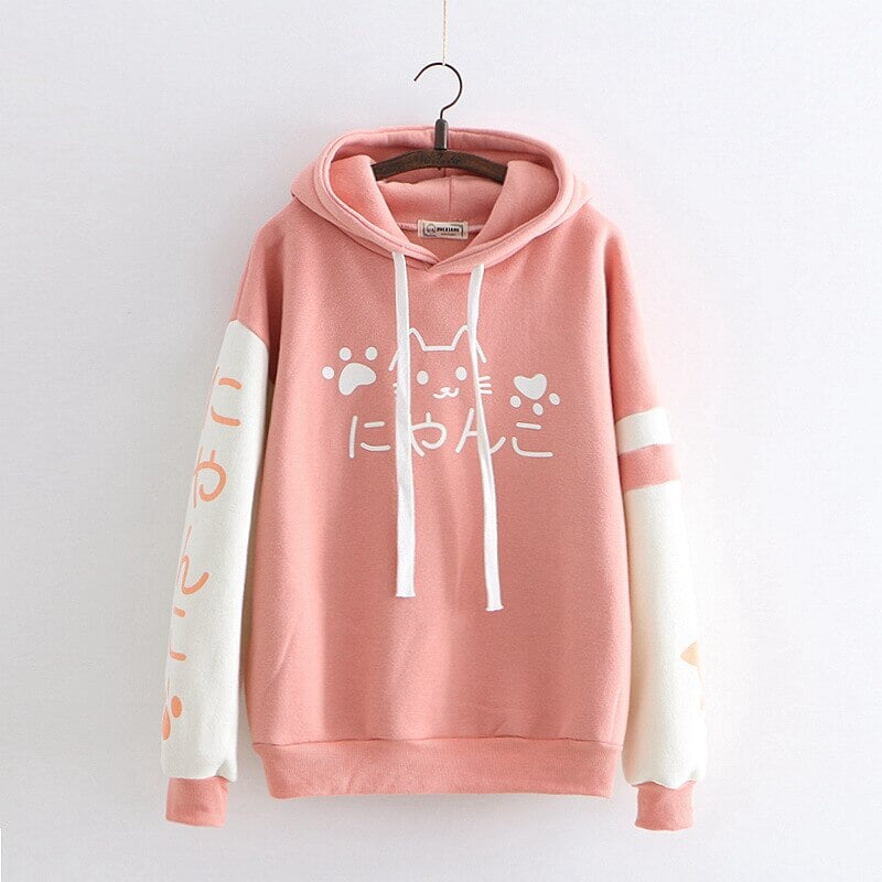 Japanese-themed Pink Blue Two-Tone Cat Hoodie-Kawaii Dream