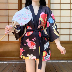 Japanese-themed Red Black Lucky Cat Kimono-Kawaii Dream