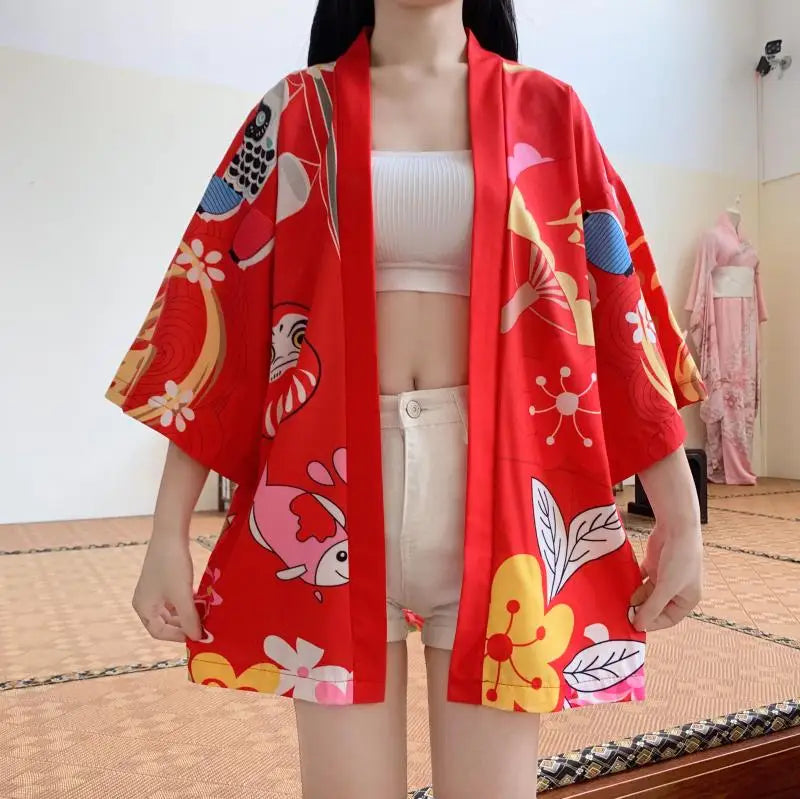 Japanese-themed Red Black Lucky Cat Kimono-Kawaii Dream