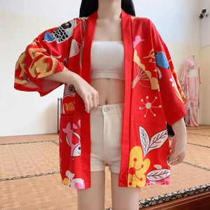 Japanese-themed Red Black Lucky Cat Kimono-Kawaii Dream