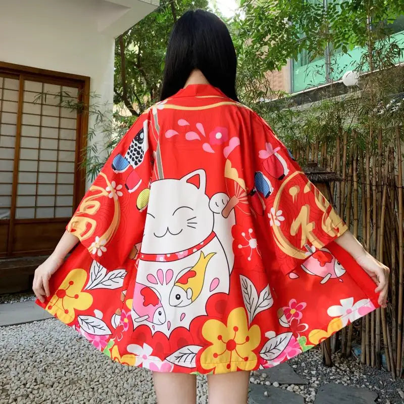Japanese-themed Red Black Lucky Cat Kimono-Kawaii Dream