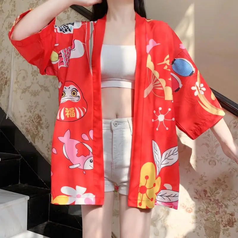Japanese-themed Red Black Lucky Cat Kimono-Kawaii Dream