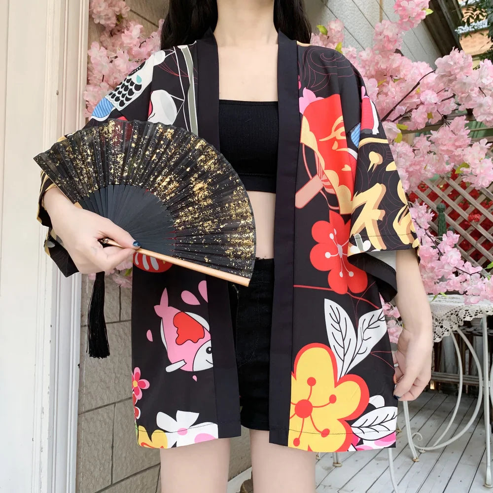 Japanese-themed Red Black Lucky Cat Kimono-Kawaii Dream